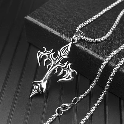 Cross Amulet Stainless Steel Pendant with Pearl Chain - Fire Cross Design