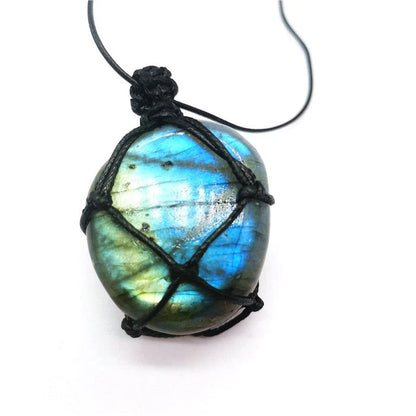 Hand-woven labradorite net bag pendant with natural moonstone, 3.5 to 5.5cm, unisex gemstone jewelry