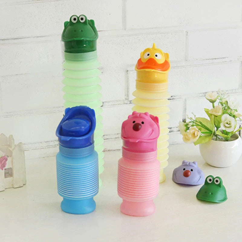 Adjustable portable urinal for kids in green, pink, yellow, and blue with cartoon designs