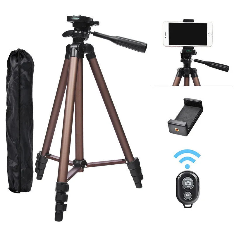 Aluminium hydraulic tripod extended to 1.3m with smartphone attached via holder and Bluetooth remote.