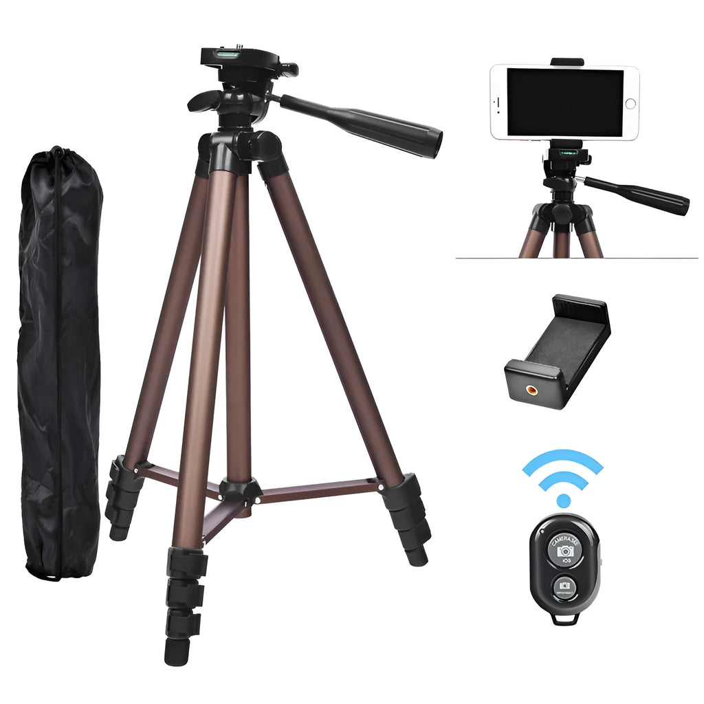 Aluminium hydraulic tripod extended to 1.3m with smartphone attached via holder and Bluetooth remote.