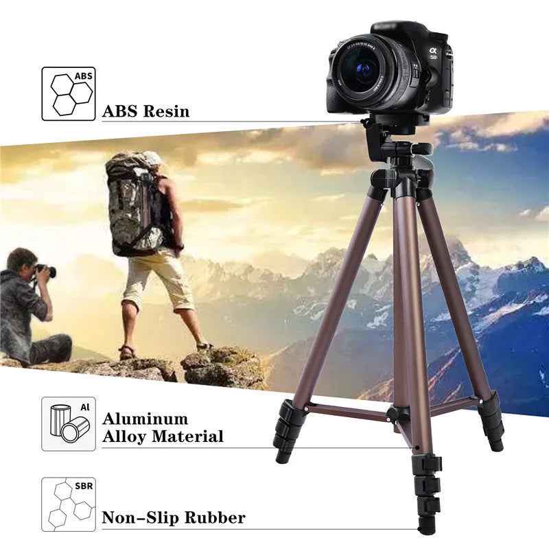 Aluminium hydraulic tripod extended to 1.3m with smartphone attached via holder and Bluetooth remote.