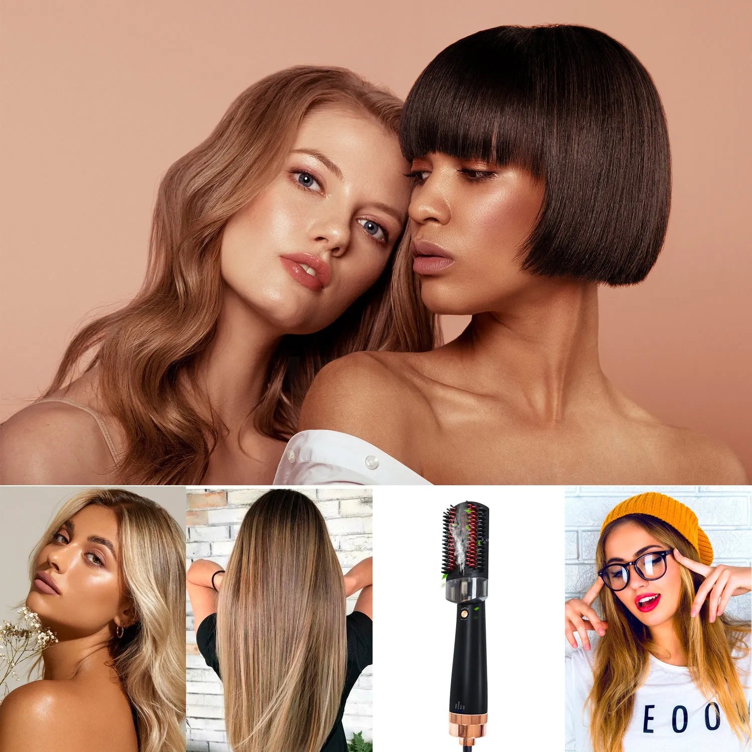 Black and pink infrared hot air comb with ceramic barrels and temperature control display