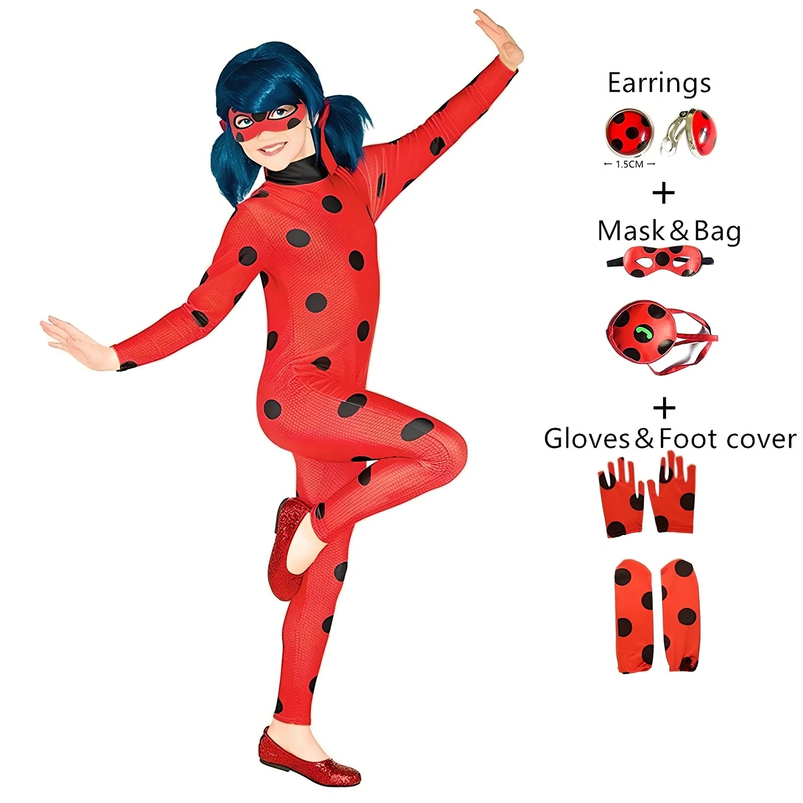 Red synthetic wig and matching costume jewellery set for girls' dress-up and performances