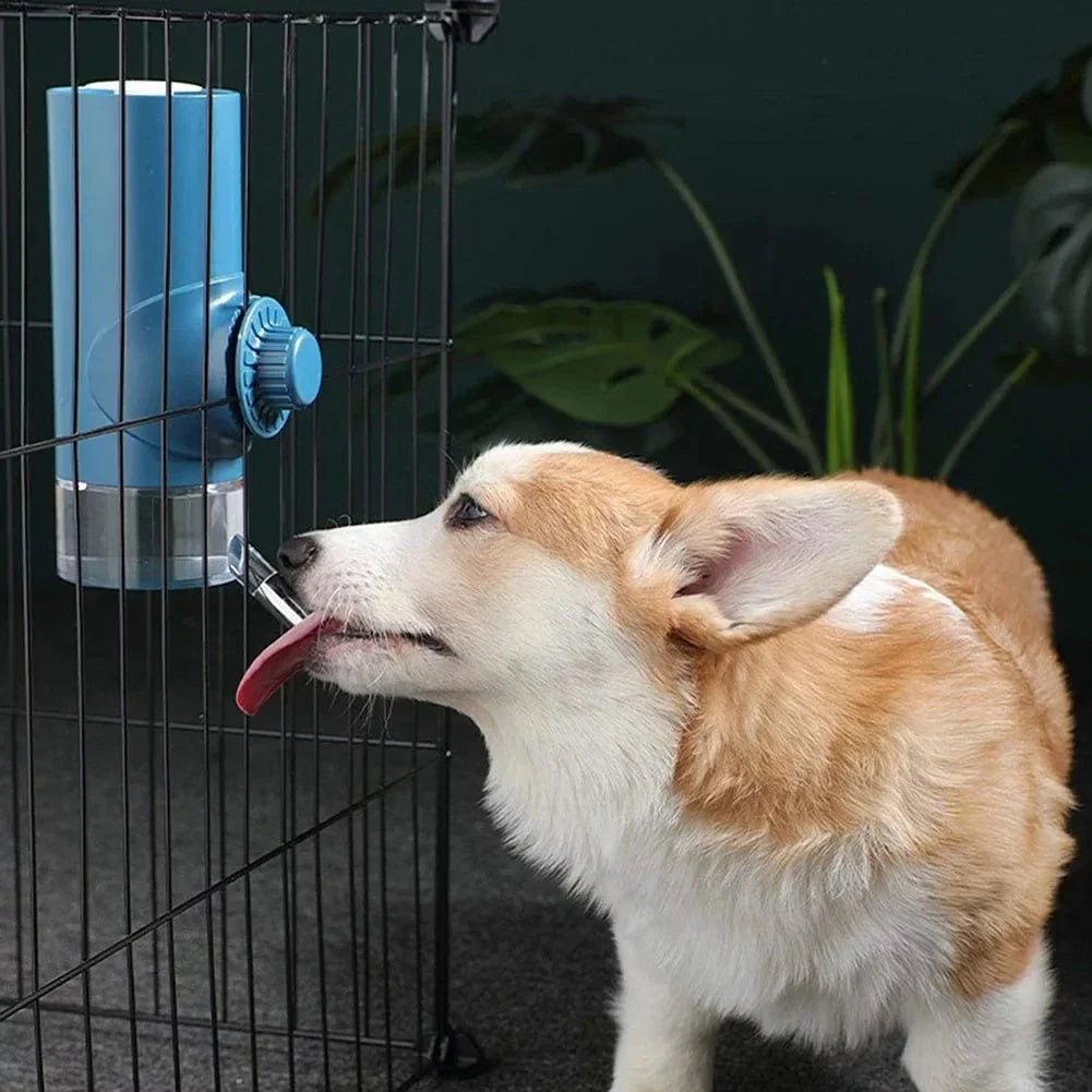 Hanging pet water dispenser with 360-degree rotation, spill-proof design, and adjustable height for cats and dogs