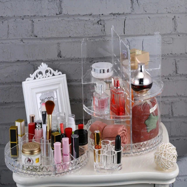 Diamond wave 360 Rotating Makeup Organizer with customizable shelves on a vanity