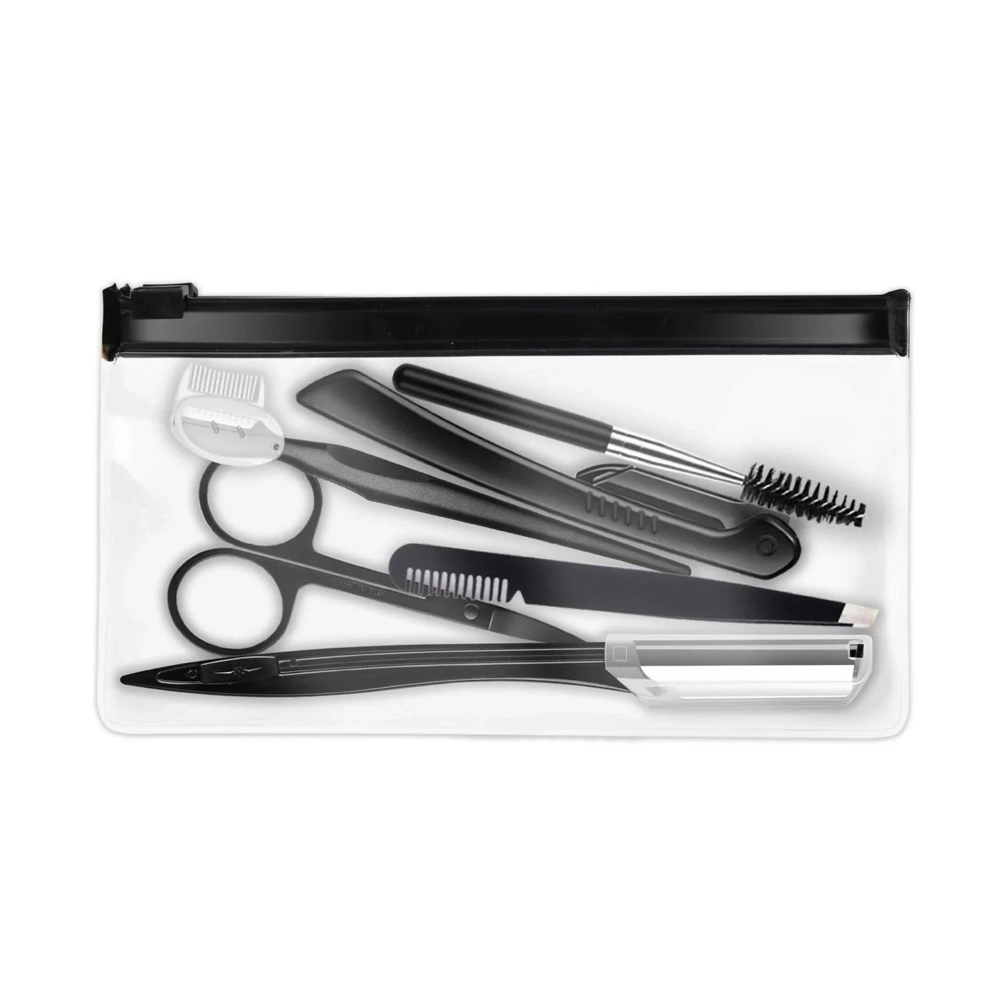 Black eyebrow trimming tools set with 11 pieces stored in bone bag for organised grooming