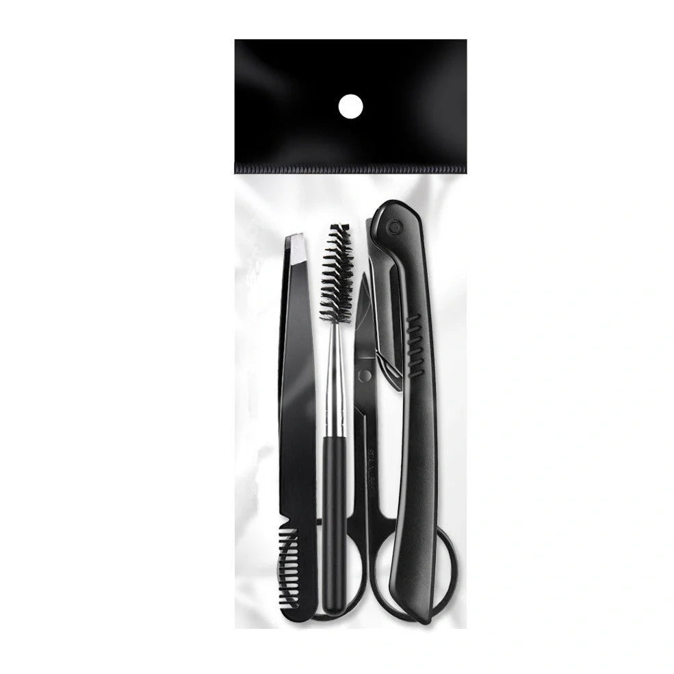 Black eyebrow trimming tools set with 11 pieces stored in bone bag for organised grooming