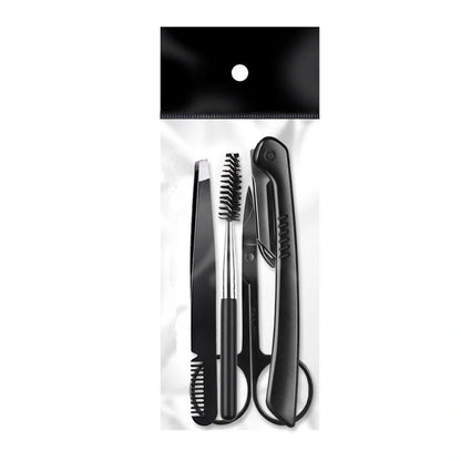 Black eyebrow trimming tools set with 11 pieces stored in bone bag for organised grooming
