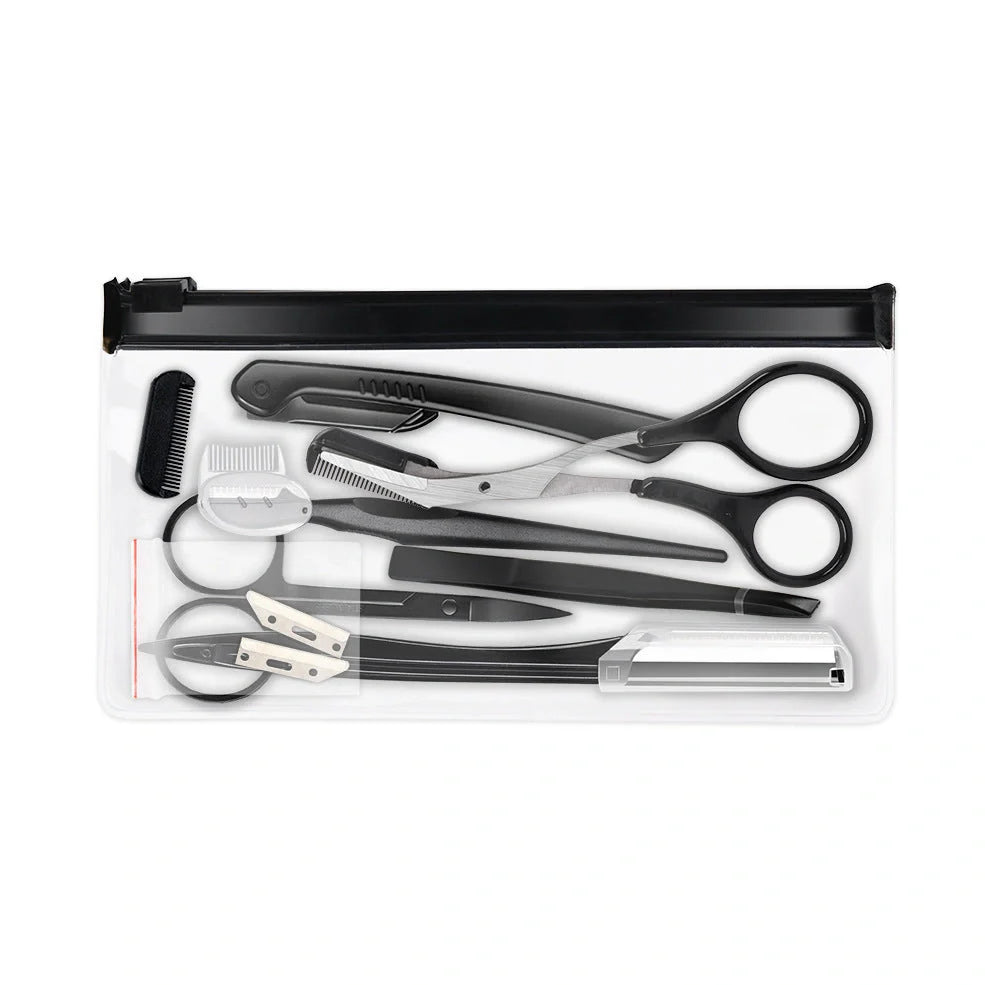 Black eyebrow trimming tools set with 11 pieces stored in bone bag for organised grooming