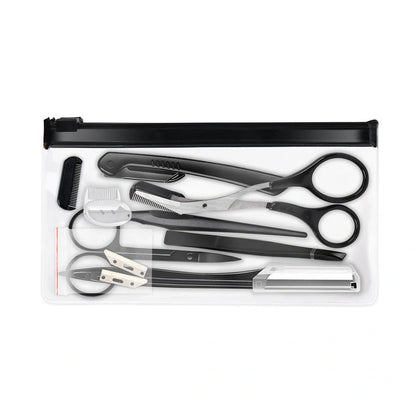 Black eyebrow trimming tools set with 11 pieces stored in bone bag for organised grooming