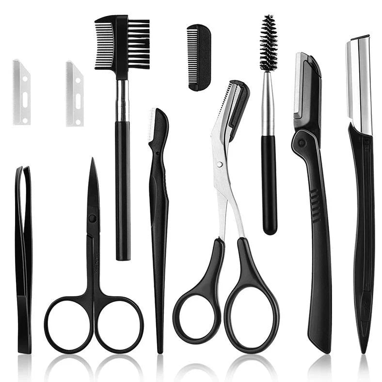 Black eyebrow trimming tools set with 11 pieces stored in bone bag for organised grooming