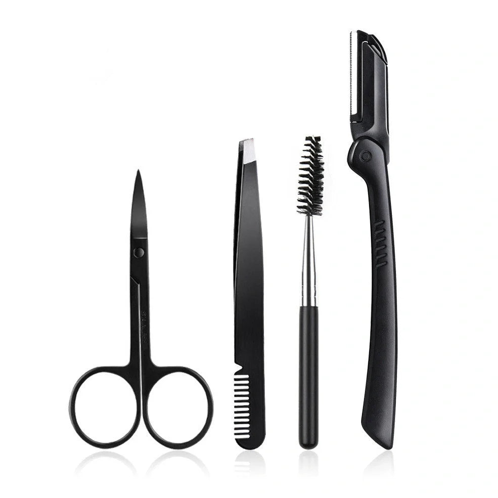 Black eyebrow trimming tools set with 11 pieces stored in bone bag for organised grooming