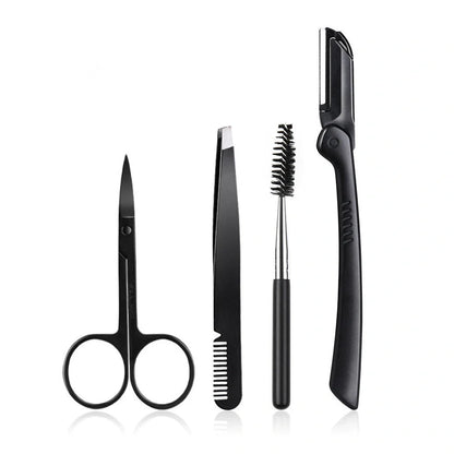 Black eyebrow trimming tools set with 11 pieces stored in bone bag for organised grooming