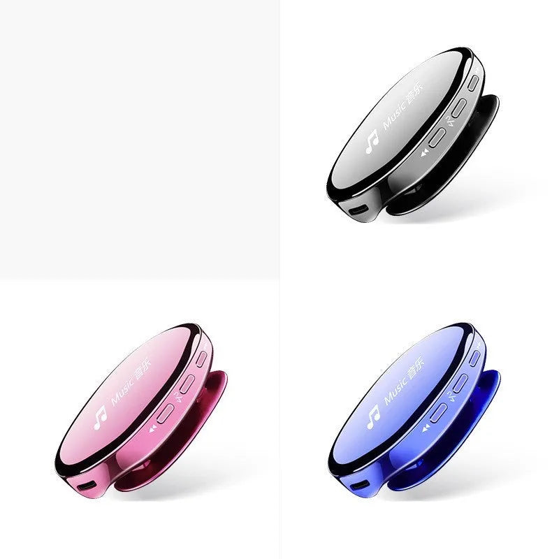 Bluetooth MP4 music player in black, blue, or rose gold with OLED screen and push-button controls.