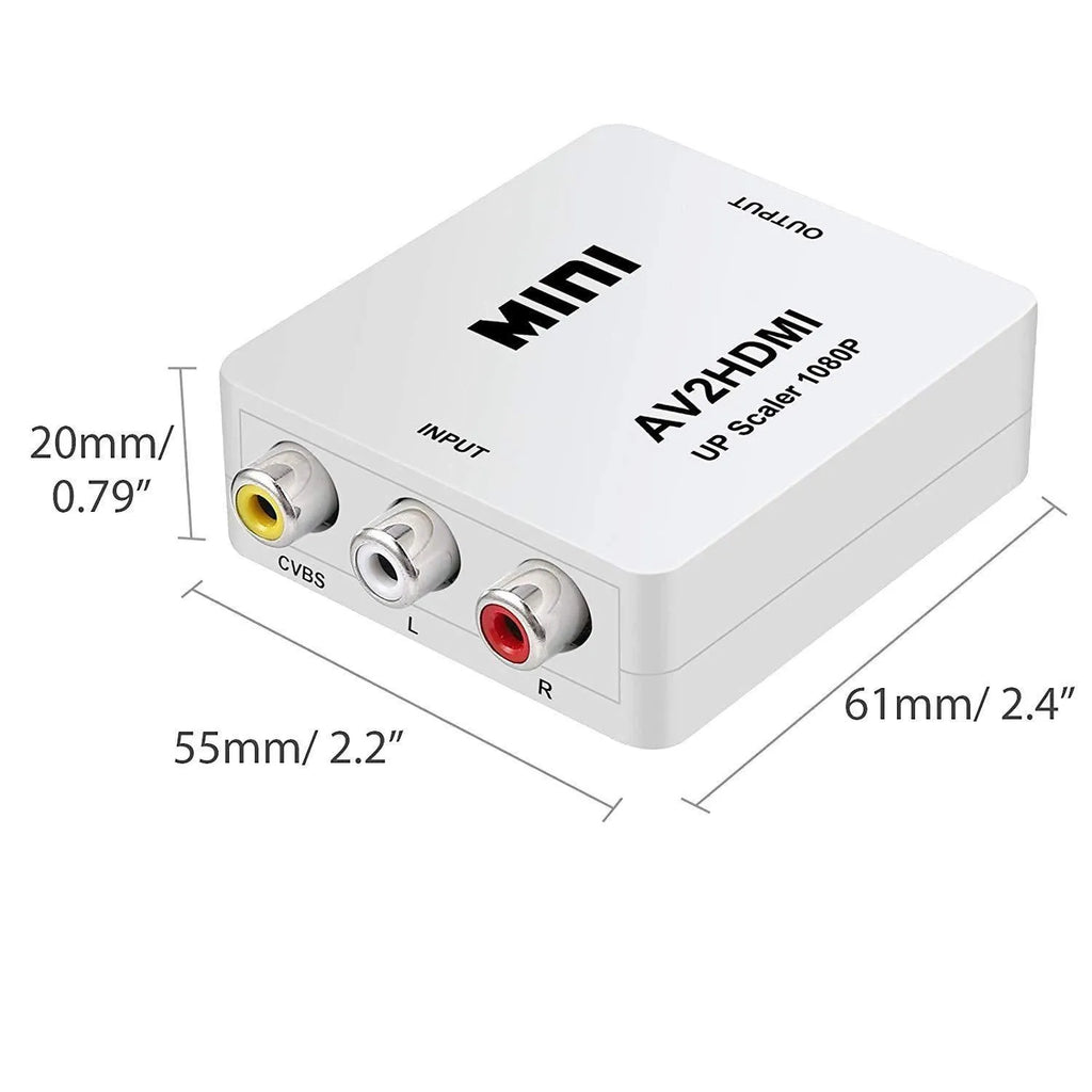 Black and white mini AV to HDMI converter box with 0.5 metre cable for 1080p HD conversion