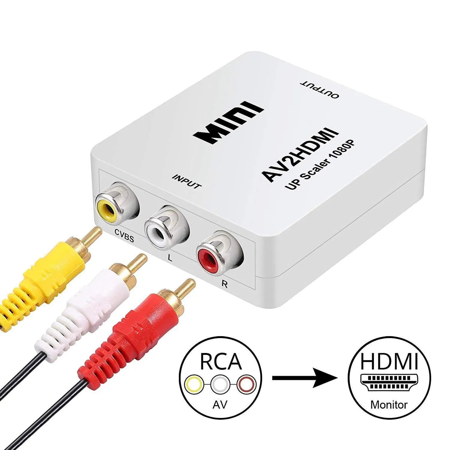 Black and white mini AV to HDMI converter box with 0.5 metre cable for 1080p HD conversion