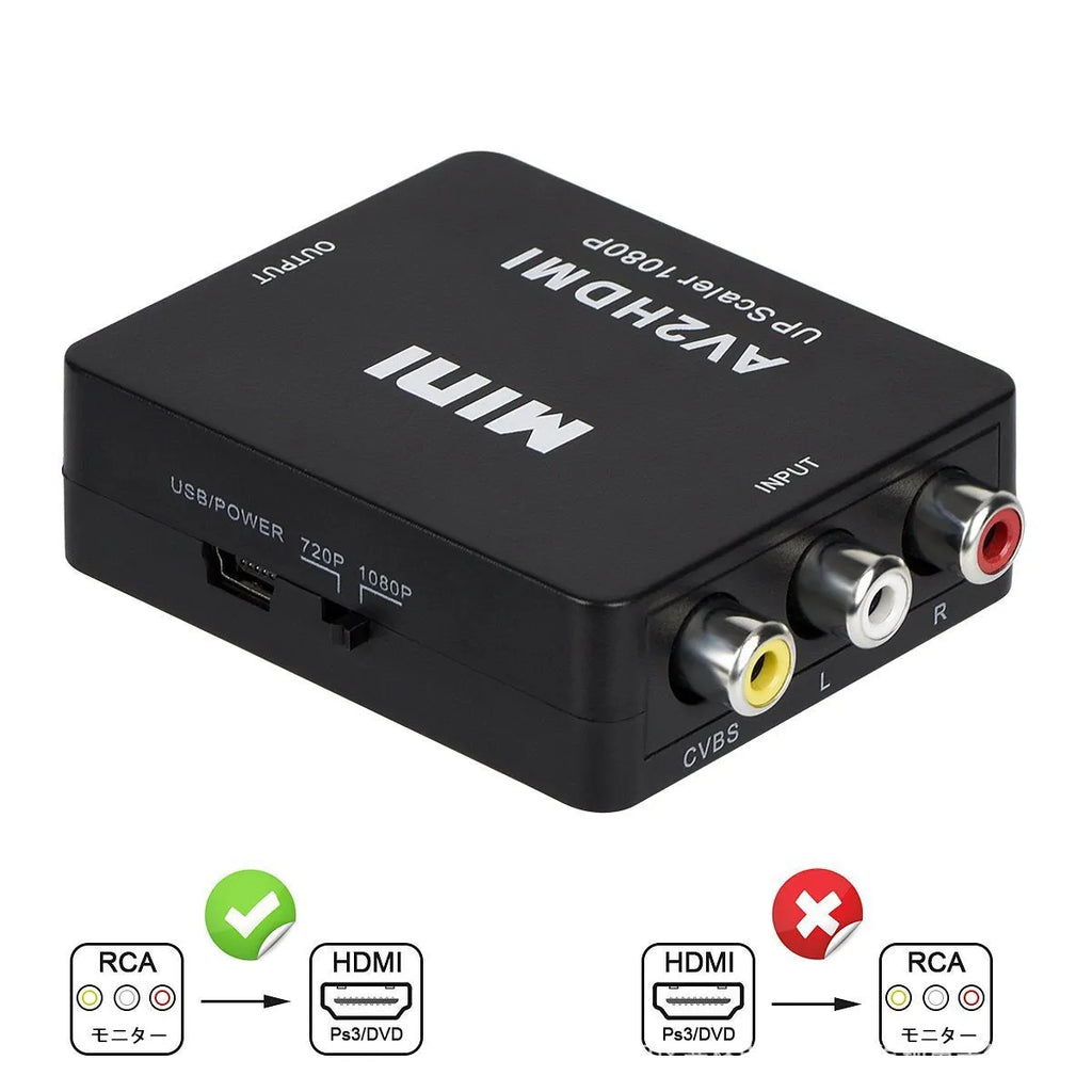 Black and white mini AV to HDMI converter box with 0.5 metre cable for 1080p HD conversion
