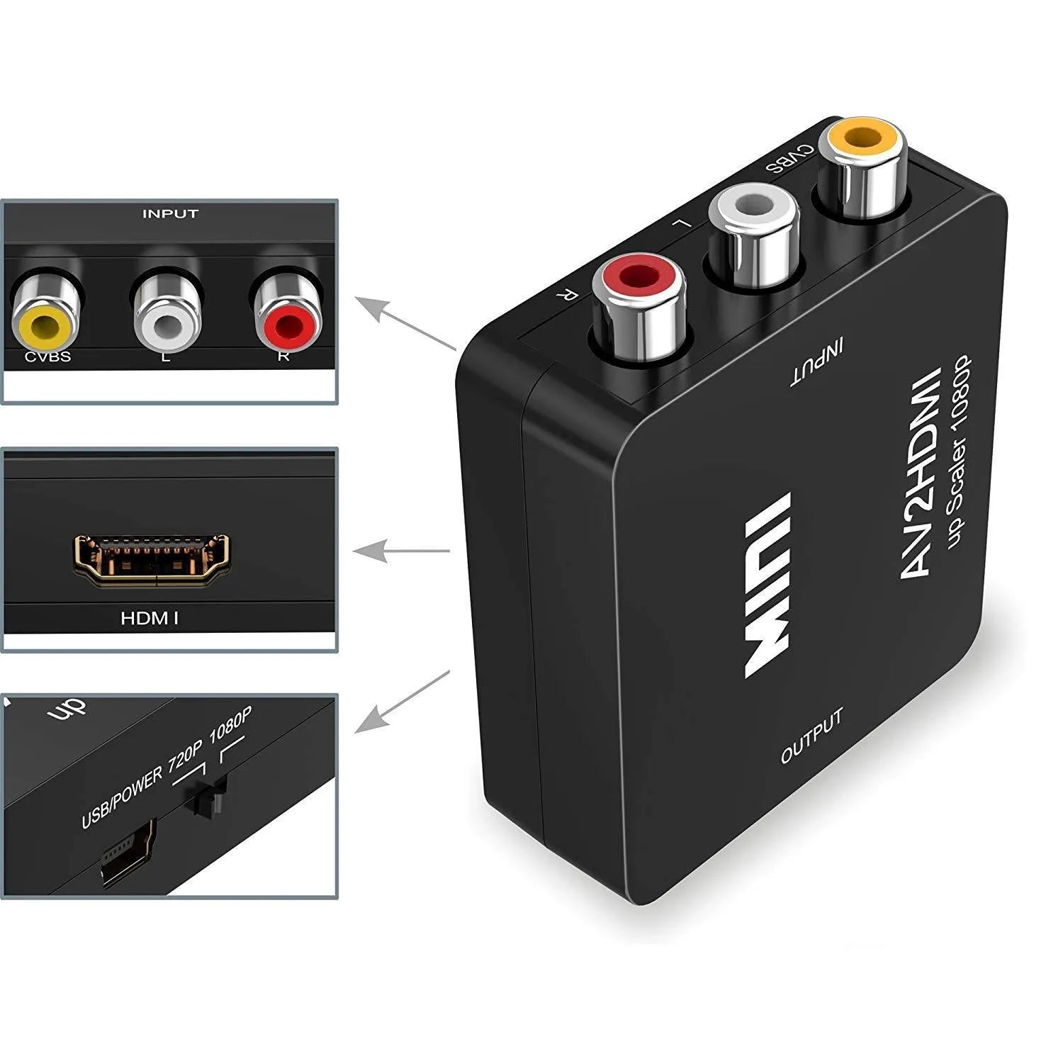 Black and white mini AV to HDMI converter box with 0.5 metre cable for 1080p HD conversion