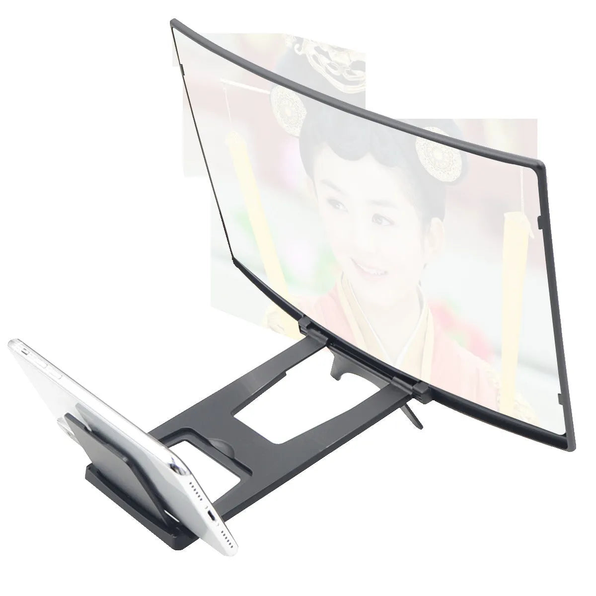 Curved 14 inch black mobile phone screen magnifier on desktop with smartphone inside