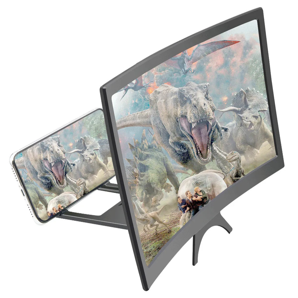 Curved 14 inch black mobile phone screen magnifier on desktop with smartphone inside