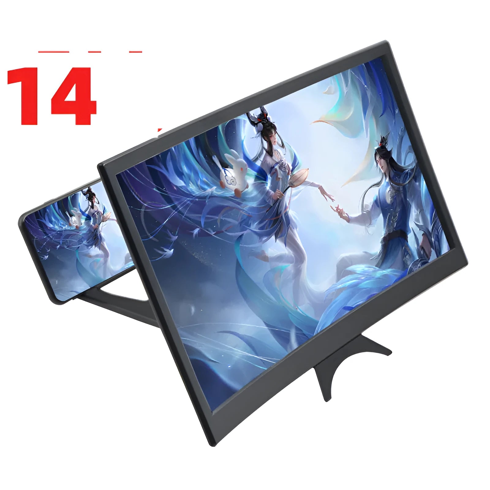 Curved 14 inch black mobile phone screen magnifier on desktop with smartphone inside