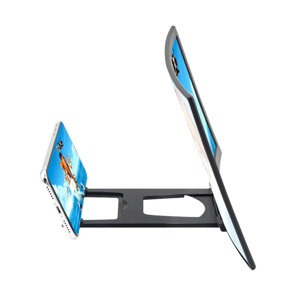 Curved 14 inch black mobile phone screen magnifier on desktop with smartphone inside