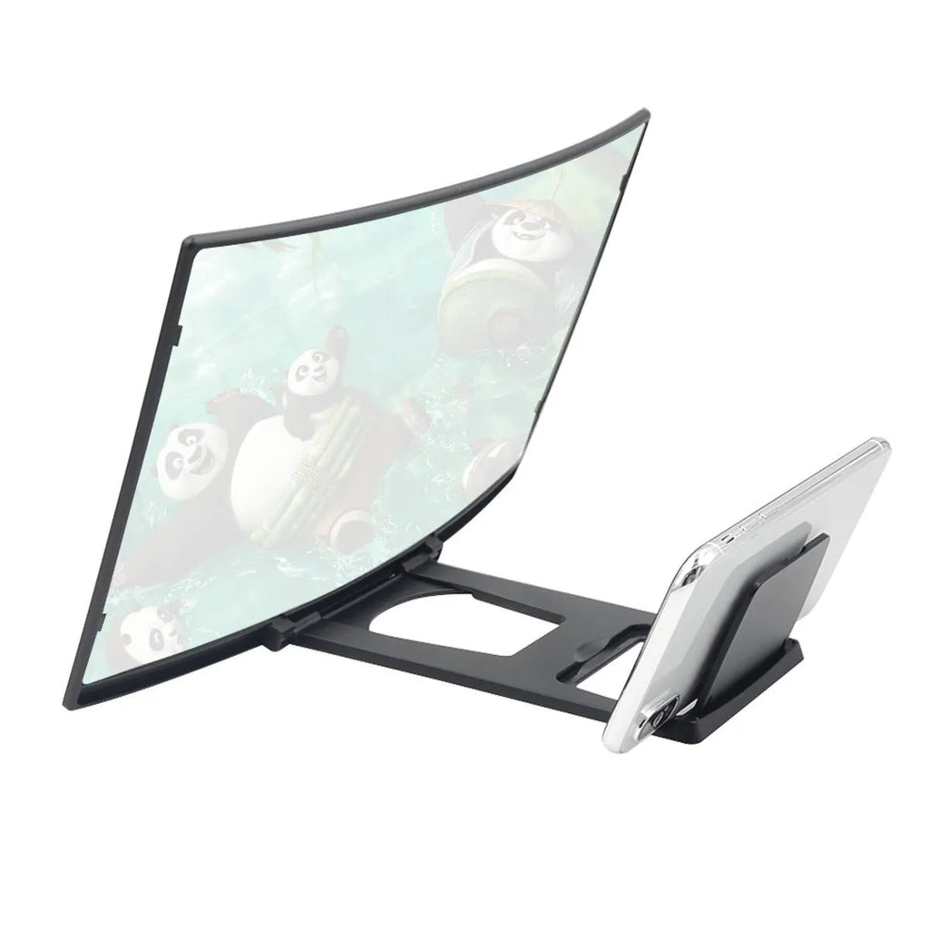 Curved 14 inch black mobile phone screen magnifier on desktop with smartphone inside