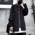 Retro wild striped black long sleeved loose shirt with square collar, shown on a mannequin