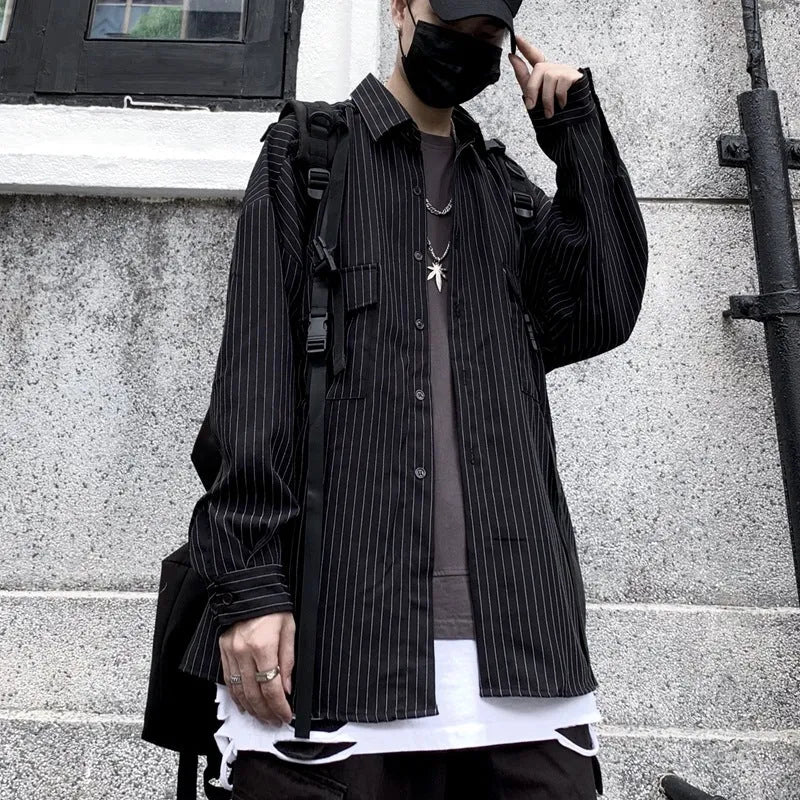 Retro wild striped black long sleeved loose shirt with square collar, shown on a mannequin