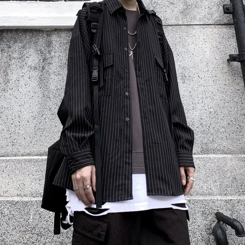 Retro wild striped black long sleeved loose shirt with square collar, shown on a mannequin