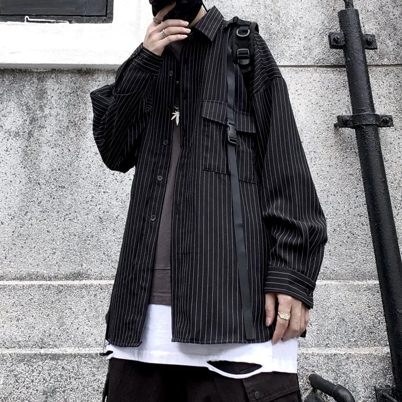 Retro wild striped black long sleeved loose shirt with square collar, shown on a mannequin