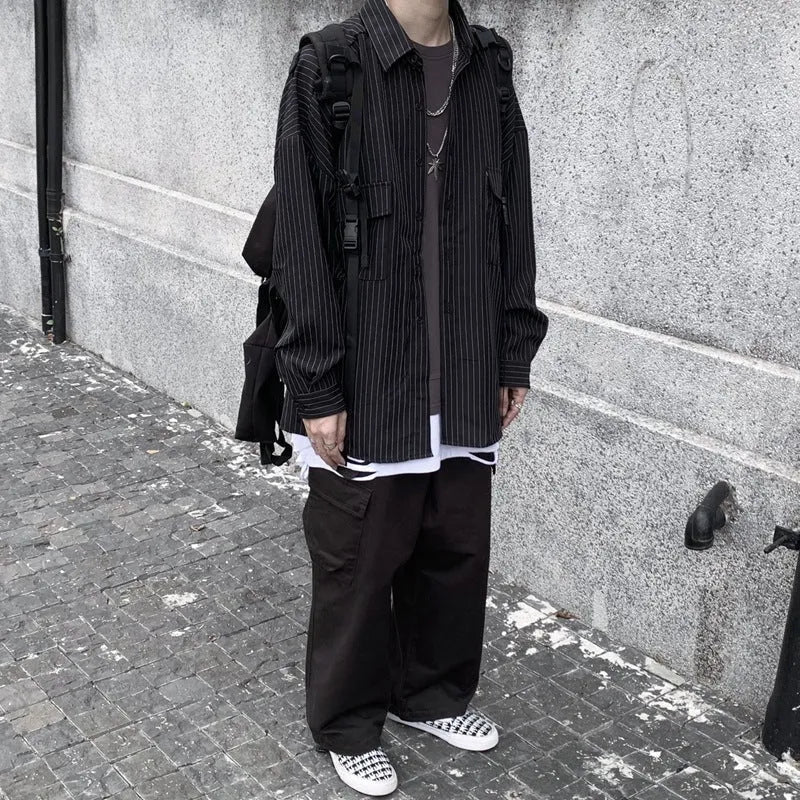 Retro wild striped black long sleeved loose shirt with square collar, shown on a mannequin