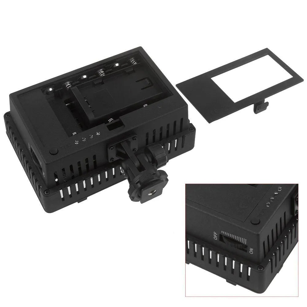 Portable LED photography fill light with 9.6W power, ABS plastic body, 141x62x150mm size