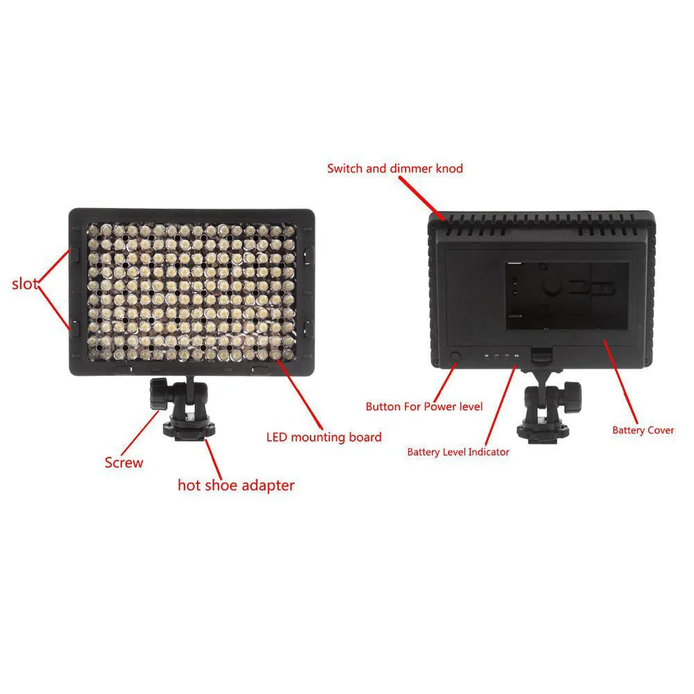 Portable LED photography fill light with 9.6W power, ABS plastic body, 141x62x150mm size