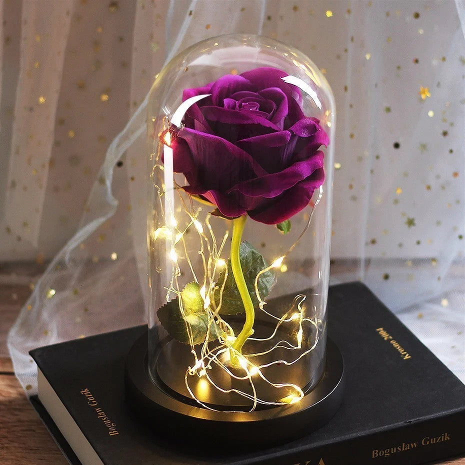 LED-lit immortal simulation rose in glass cover, perfect for weddings and home decor