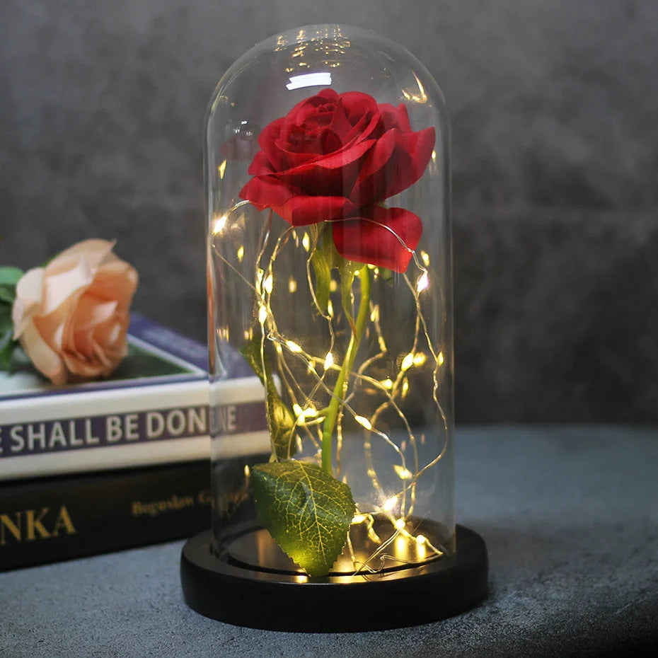 LED-lit immortal simulation rose in glass cover, perfect for weddings and home decor