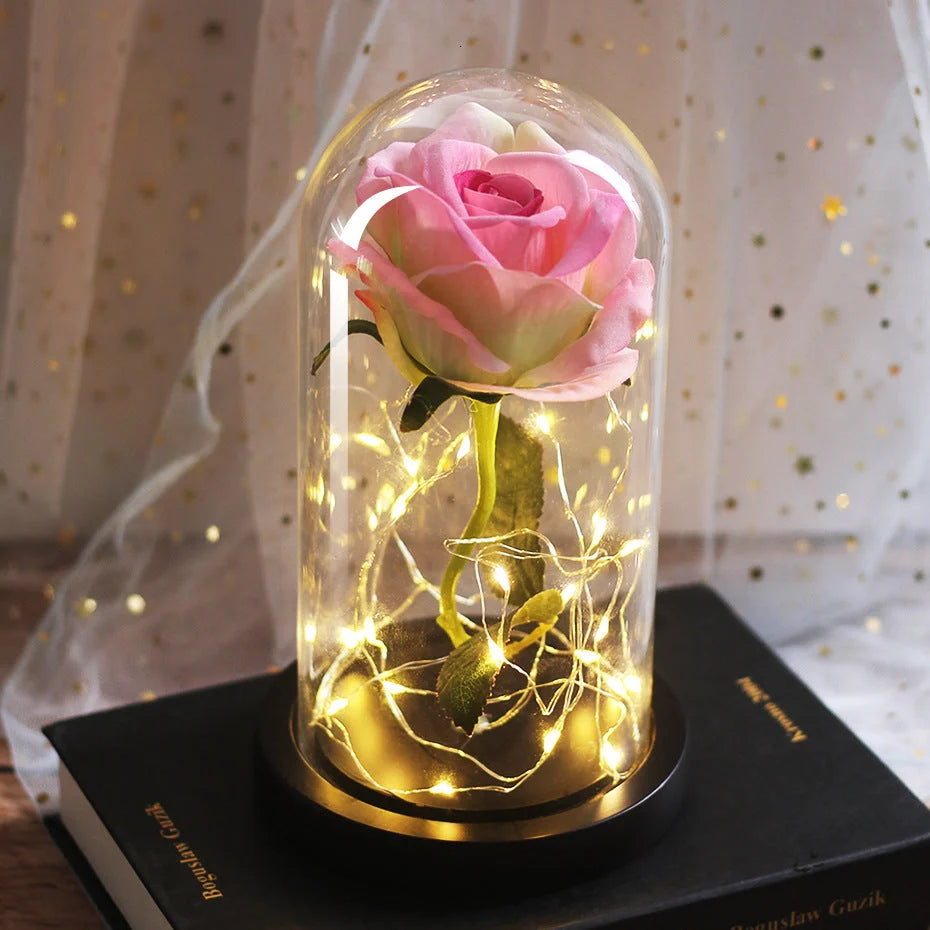 LED-lit immortal simulation rose in glass cover, perfect for weddings and home decor