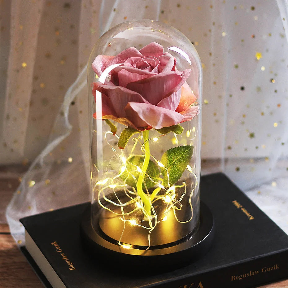 LED-lit immortal simulation rose in glass cover, perfect for weddings and home decor