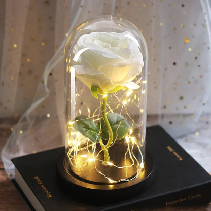 LED-lit immortal simulation rose in glass cover, perfect for weddings and home decor