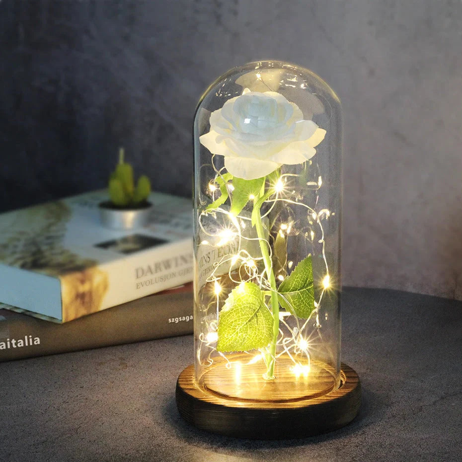 LED-lit immortal simulation rose in glass cover, perfect for weddings and home decor