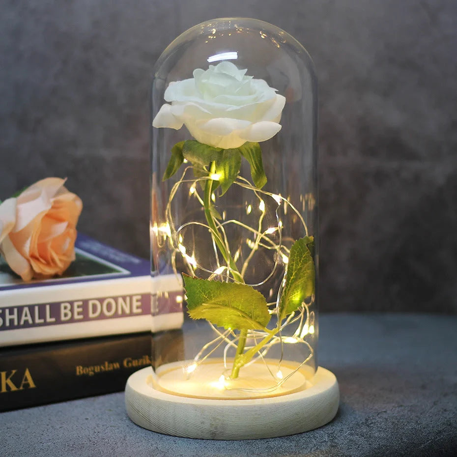 LED-lit immortal simulation rose in glass cover, perfect for weddings and home decor