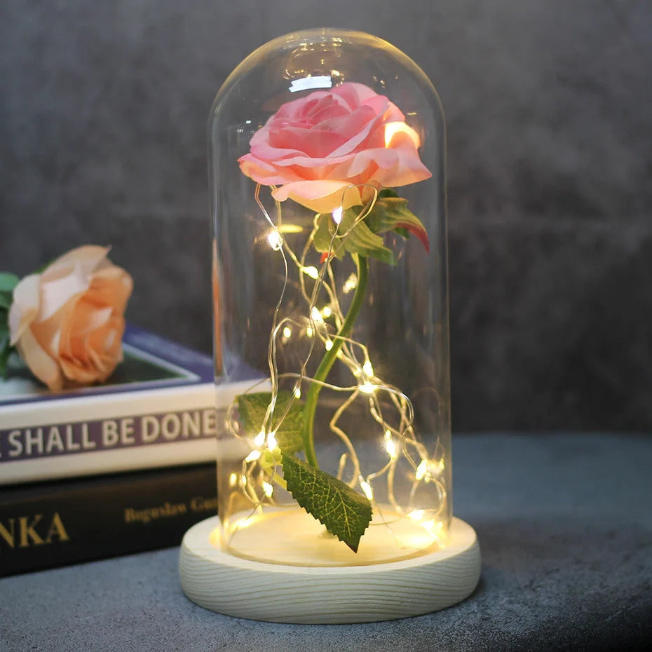 LED-lit immortal simulation rose in glass cover, perfect for weddings and home decor