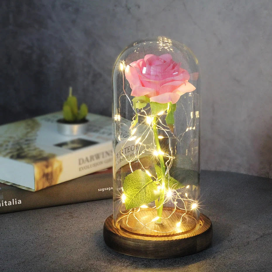 LED-lit immortal simulation rose in glass cover, perfect for weddings and home decor