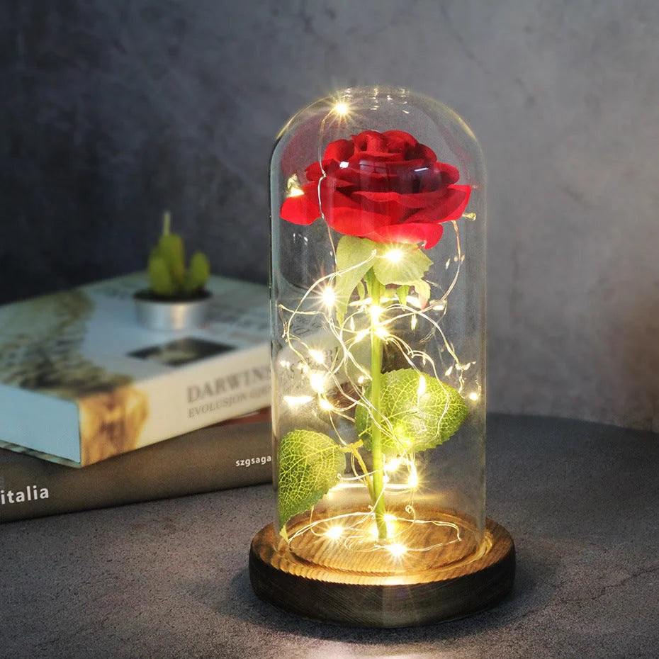 LED-lit immortal simulation rose in glass cover, perfect for weddings and home decor
