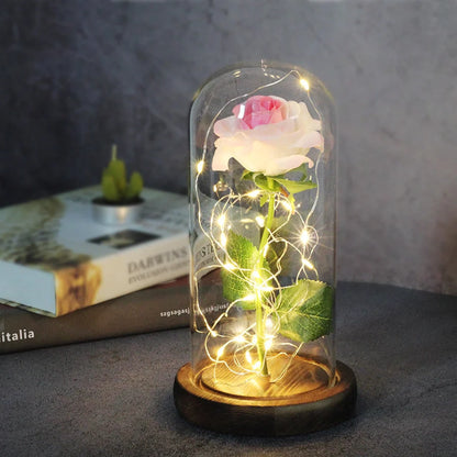 LED-lit immortal simulation rose in glass cover, perfect for weddings and home decor