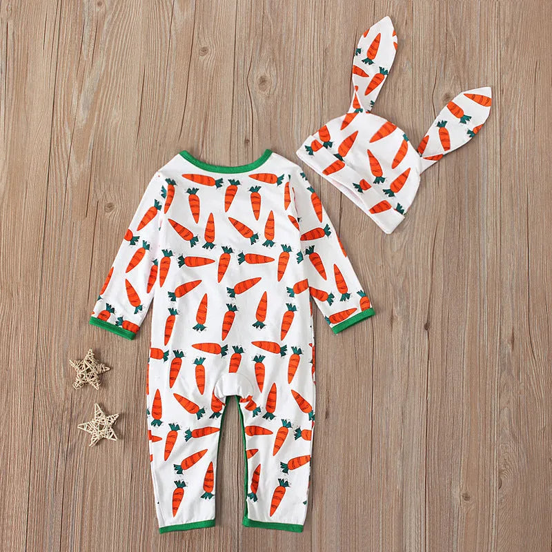 Red cotton baby romper jumpsuit for Easter, shown with size chart for 70cm, 80cm, 90cm, and 100cm