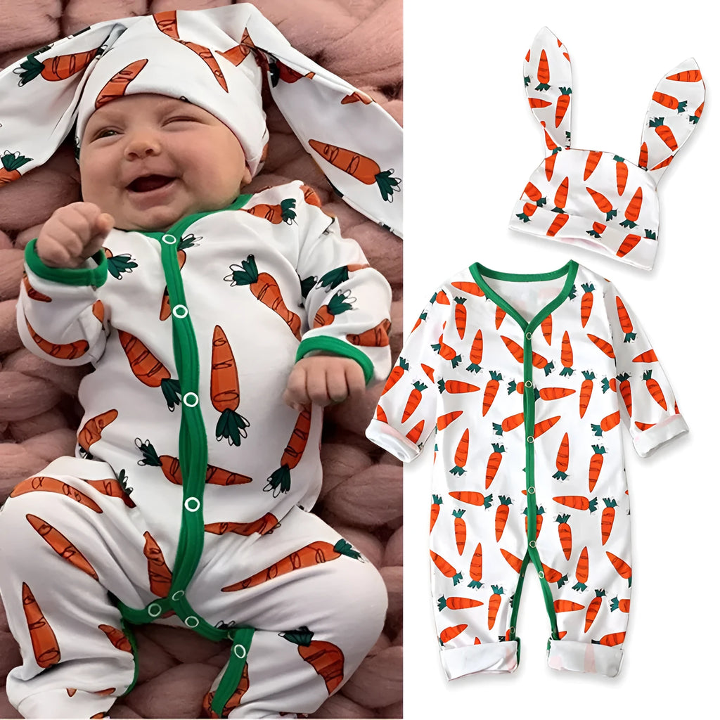 Red cotton baby romper jumpsuit for Easter, shown with size chart for 70cm, 80cm, 90cm, and 100cm