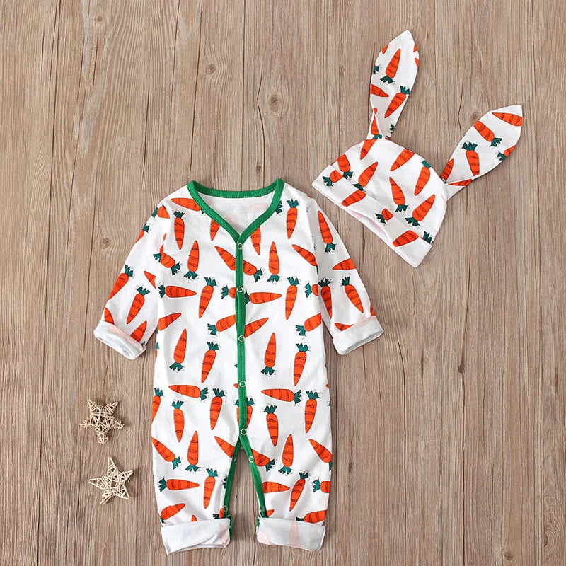 Red cotton baby romper jumpsuit for Easter, shown with size chart for 70cm, 80cm, 90cm, and 100cm