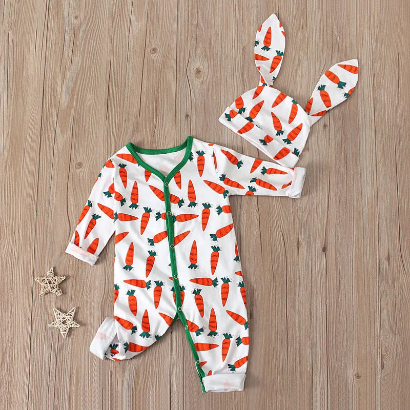 Red cotton baby romper jumpsuit for Easter, shown with size chart for 70cm, 80cm, 90cm, and 100cm